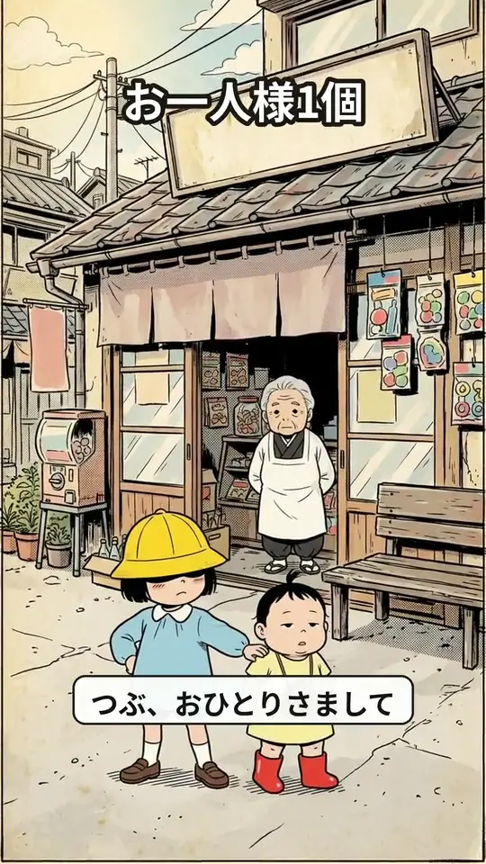 駄菓子屋「とめや」の前で、トメばあと向き合うまめとつぶ（まめとつぶ #01・生成AIの映像）