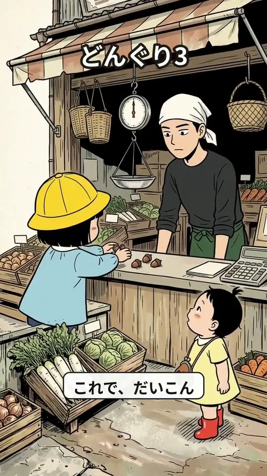 八百屋の店先で、どんぐりを差し出すまめと、電卓をたたく兄ちゃん（まめとつぶ #02・生成AIの映像）