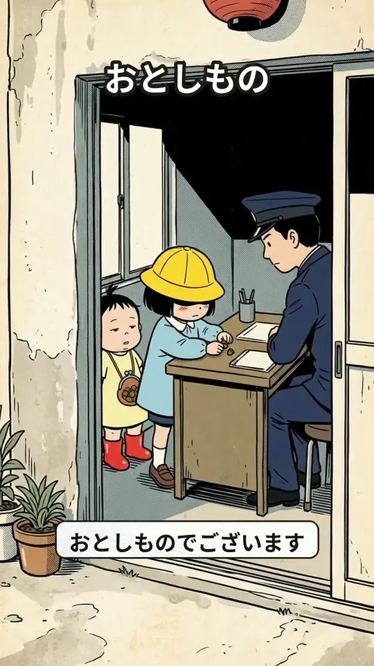 交番で、どんぐりの帽子を差し出すまめと、調書を書くおまわりさん（まめとつぶ #03・生成AIの映像）