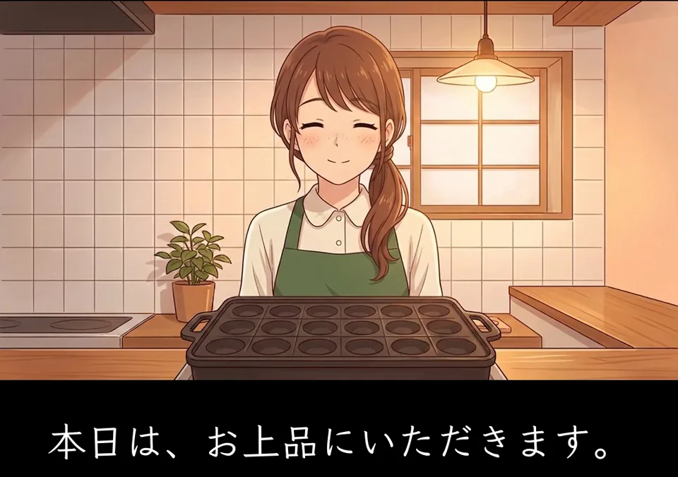 黒板のメニュー表、たこ焼き器、できあがったたこ焼きの舟皿。緑のエプロンの女の子が台所で微笑む（おしとやか飯 #01・生成AIの映像）