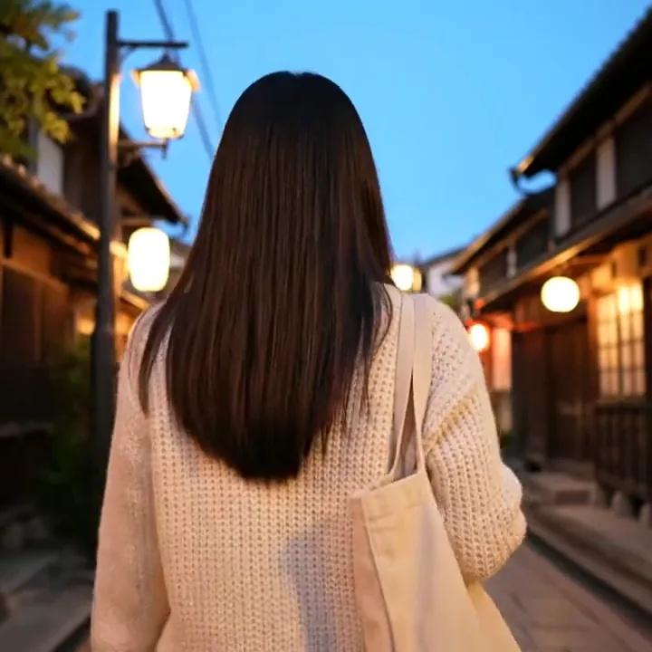 夕暮れの町家通りを歩く 中庭 あわいの後ろ姿(MV「あいだの光」より・生成AIの映像)