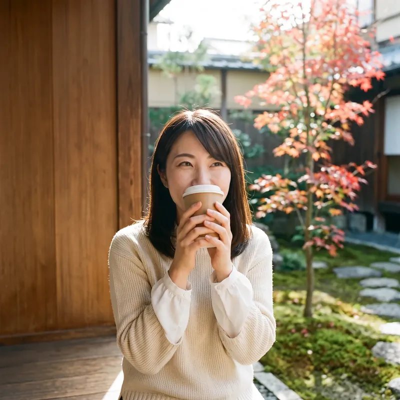 京都の中庭で紙コップを両手で持つ 中庭 あわい(生成AIの画像)