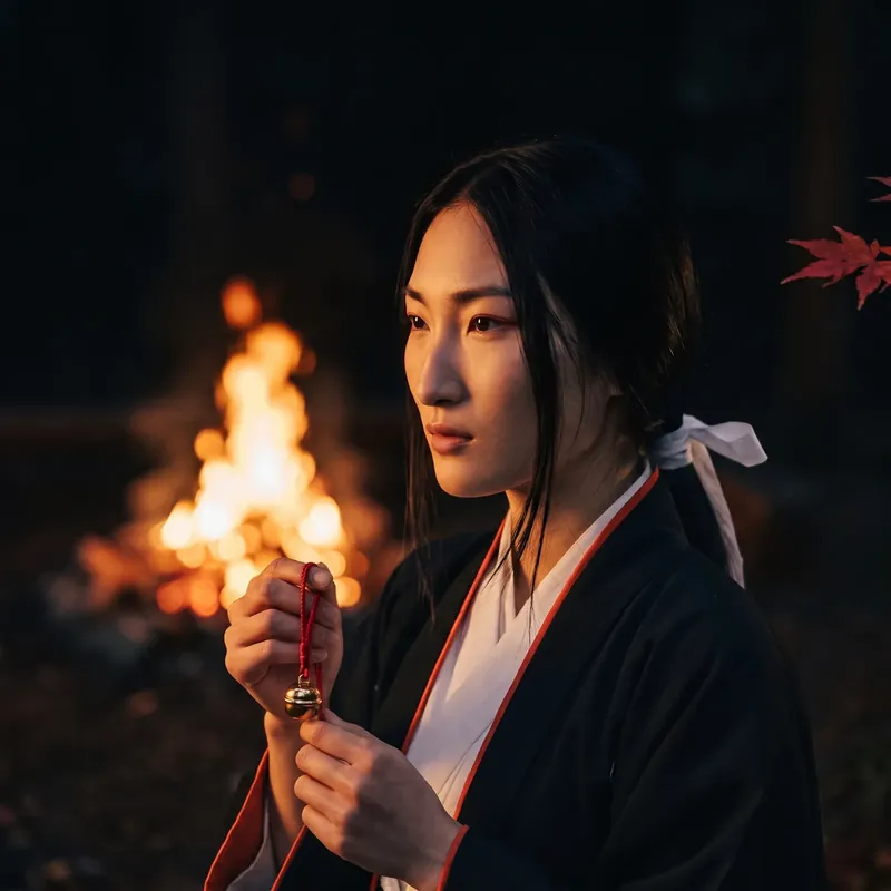 篝火の前で鈴を手にする TOMOE TAKIGI(生成AIの画像)