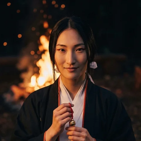 篝火の前で鈴を胸元に持ち、やわらかく微笑む TOMOE TAKIGI(生成AIの画像)