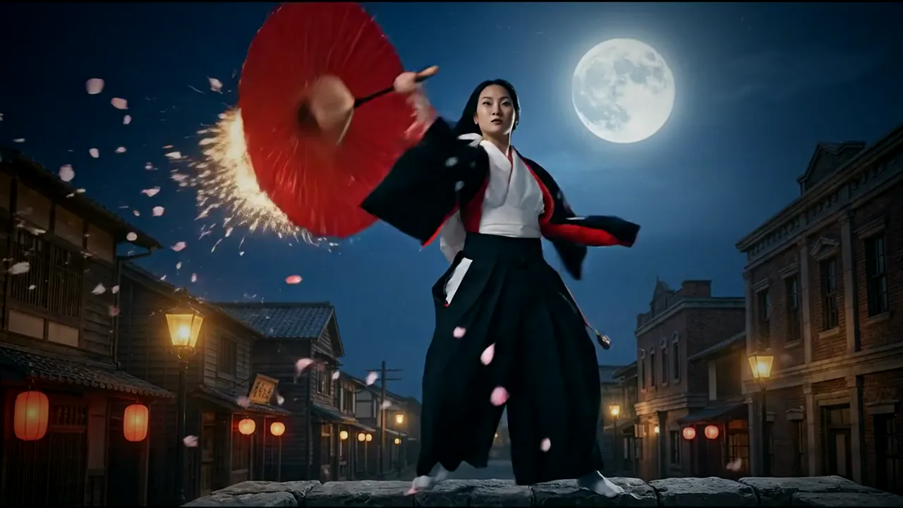 夜祭りの町家通り・木の舞台・石橋で舞う、和ロック「Fubuki」のミュージックビデオ(生成AIの映像)